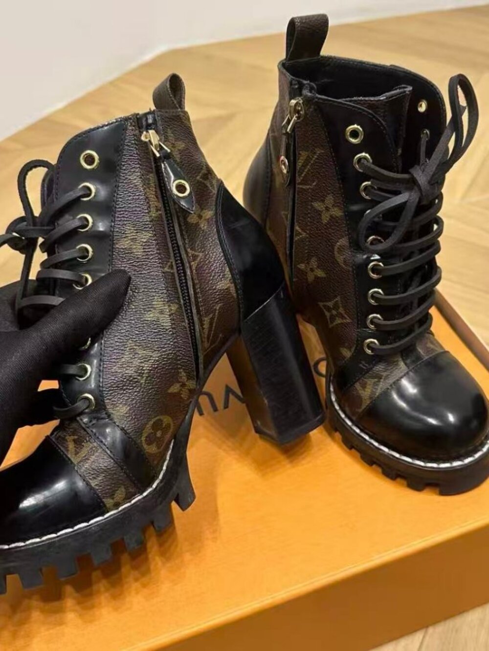 Louis Vuitton Logo Print High Heel Platform Ankle Boots